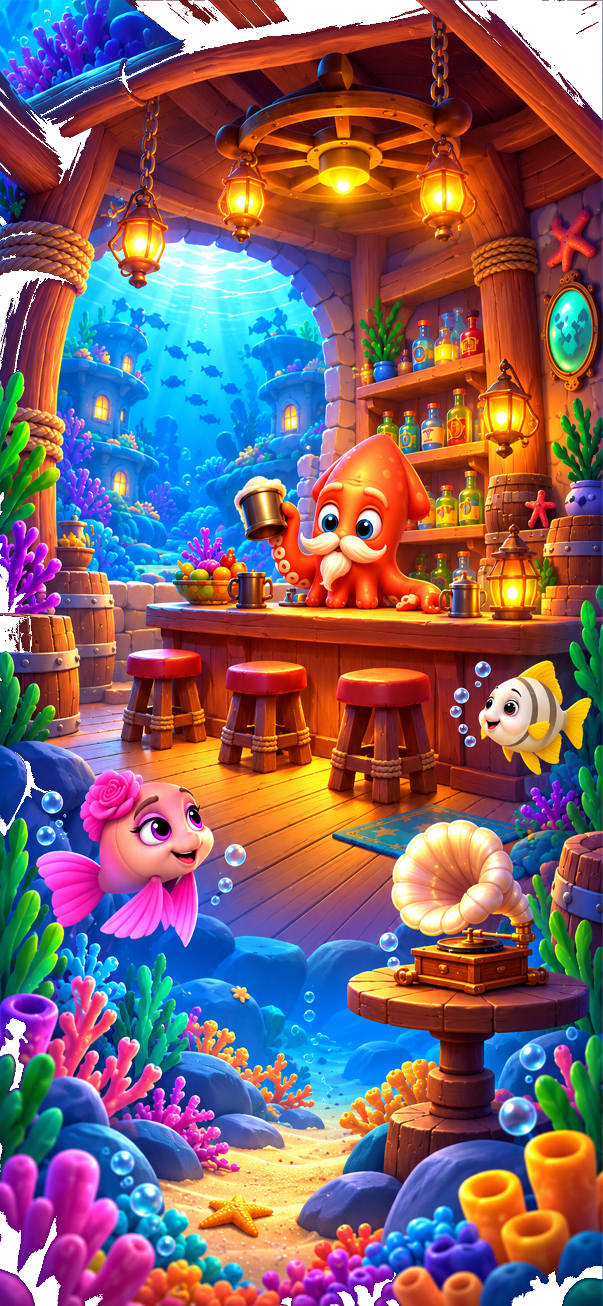 An octopus welcomes colorful fish to a glowing underwater tavern in the game's new artwork.